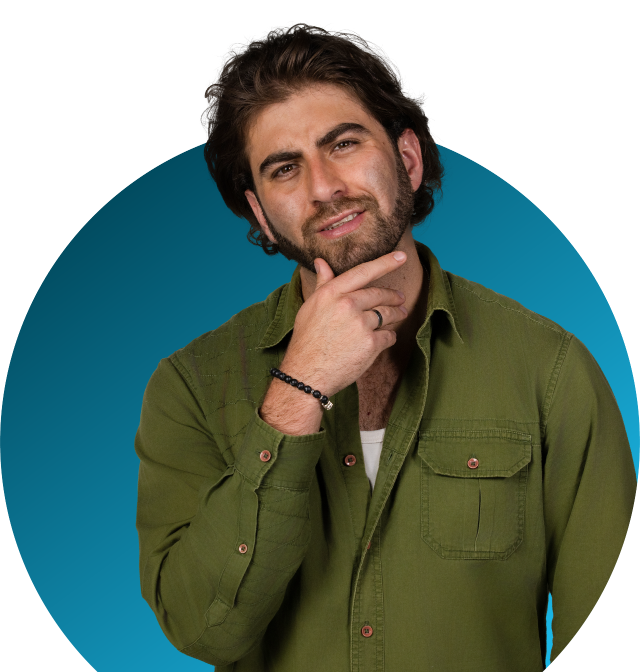 Person with hand on chin against a blue background.